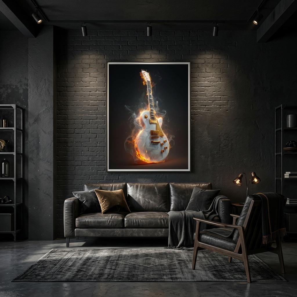 Blazing Strings - Aluminum Print | Fiery Guitar Art | Modern Industrial Home Decor | Unique Music Gift