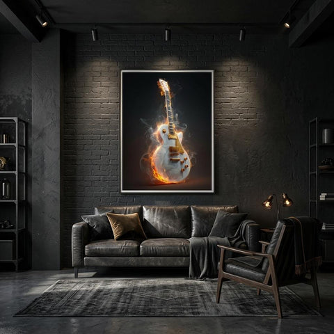 Blazing Strings - Aluminum Print | Fiery Guitar Art | Modern Industrial Home Decor | Unique Music Gift