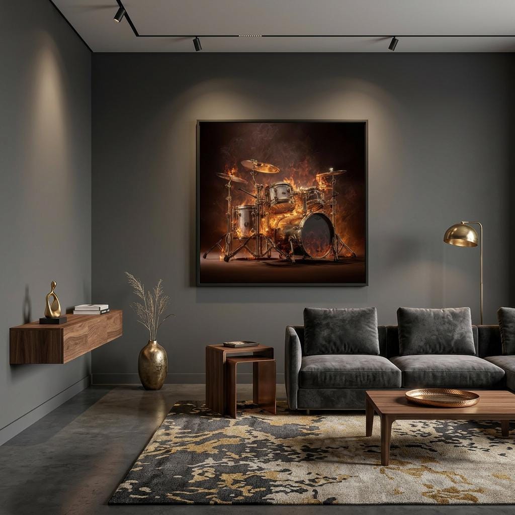 Pulsating Embers - Drum Set Aluminum Print | Fiery Rhythm Art | Modern Industrial Decor Gift