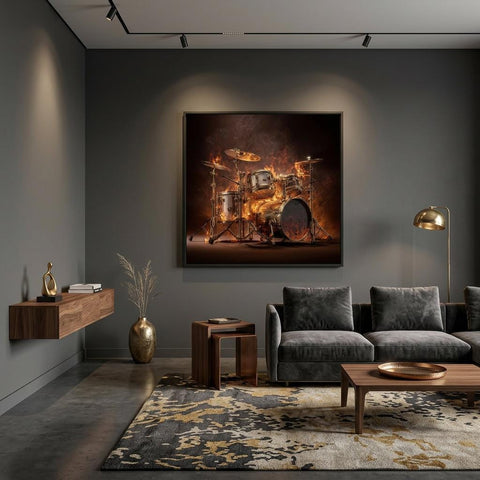 Pulsating Embers - Drum Set Aluminum Print | Fiery Rhythm Art | Modern Industrial Decor Gift