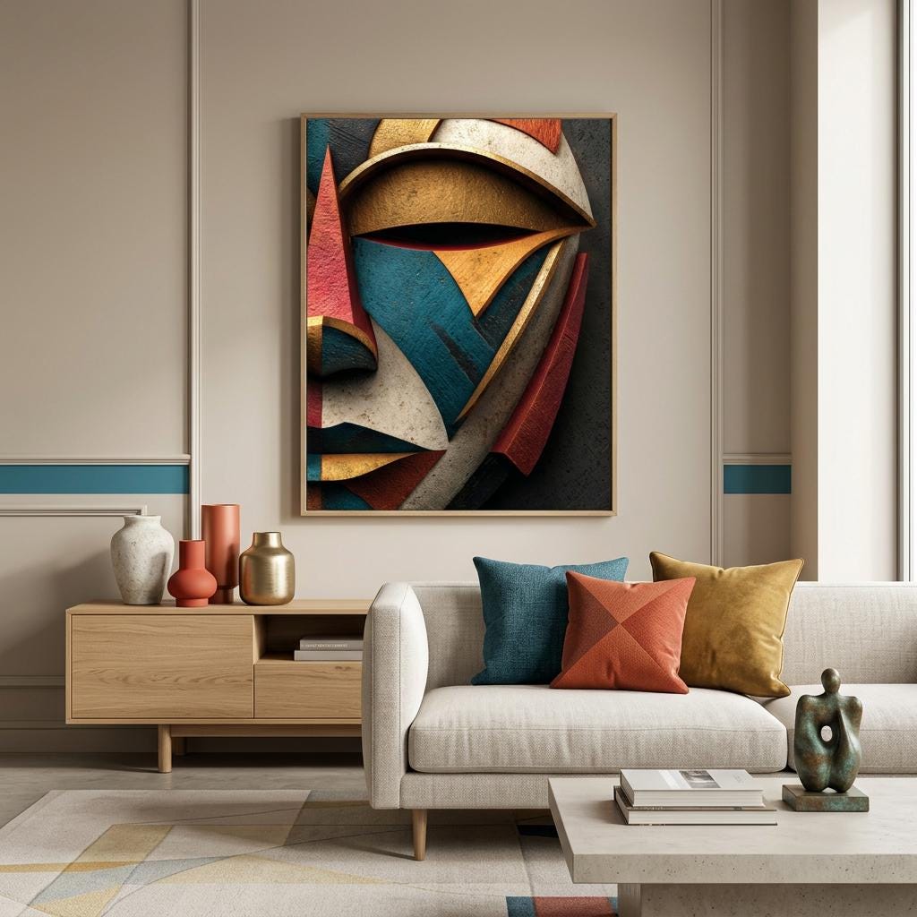 Okan Gold Poster - African Yoruba Mask Wall Art, Geometric Metallic Print, Compassion Resilience Decor, Modern Ethnic Home Wall Decor