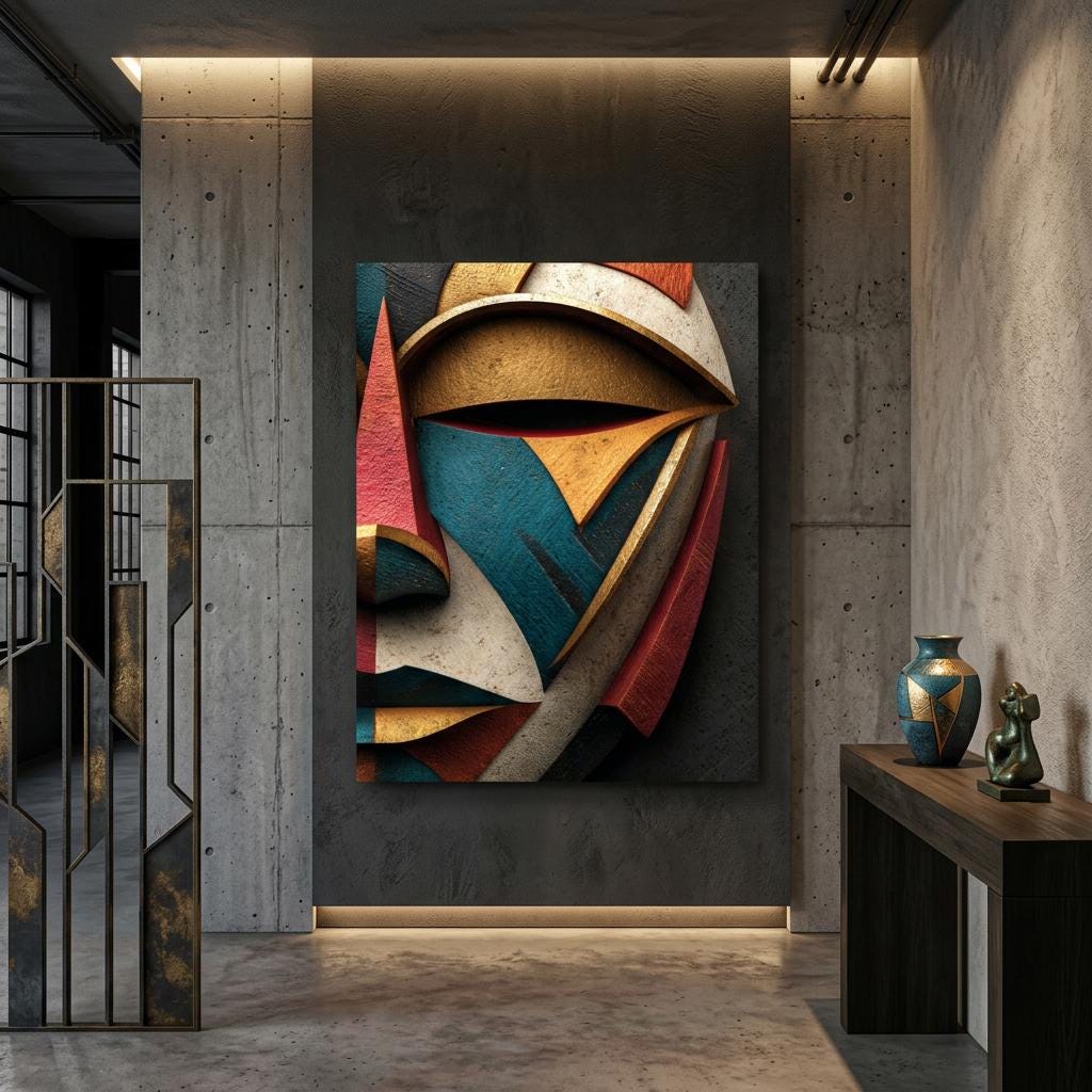 Okan Gold Poster - African Yoruba Mask Wall Art, Geometric Metallic Print, Compassion Resilience Decor, Modern Ethnic Home Wall Decor