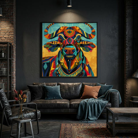 Serengeti African Buffalo — Vibrant Afro‑Pop Geometric Wall Art on Aluminum | Modern Safari Decor | Bold Colorful Wildlife Artwork