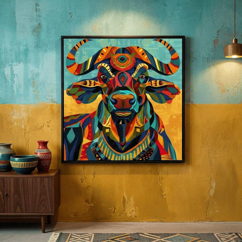 Serengeti African Buffalo — Vibrant Afro‑Pop Geometric Wall Art on Aluminum | Modern Safari Decor | Bold Colorful Wildlife Artwork