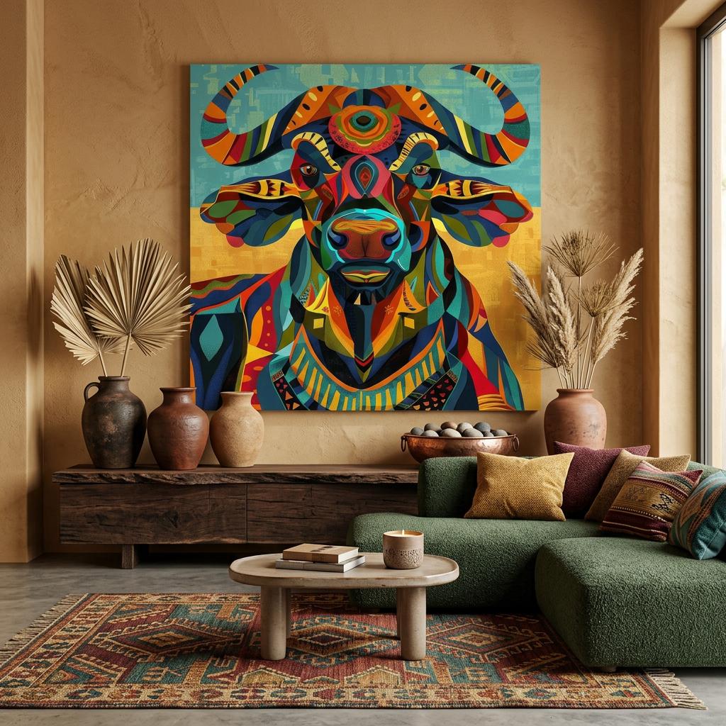 Serengeti African Buffalo — Vibrant Afro‑Pop Geometric Wall Art on Aluminum | Modern Safari Decor | Bold Colorful Wildlife Artwork