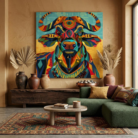 Serengeti African Buffalo — Vibrant Afro‑Pop Geometric Wall Art on Aluminum | Modern Safari Decor | Bold Colorful Wildlife Artwork
