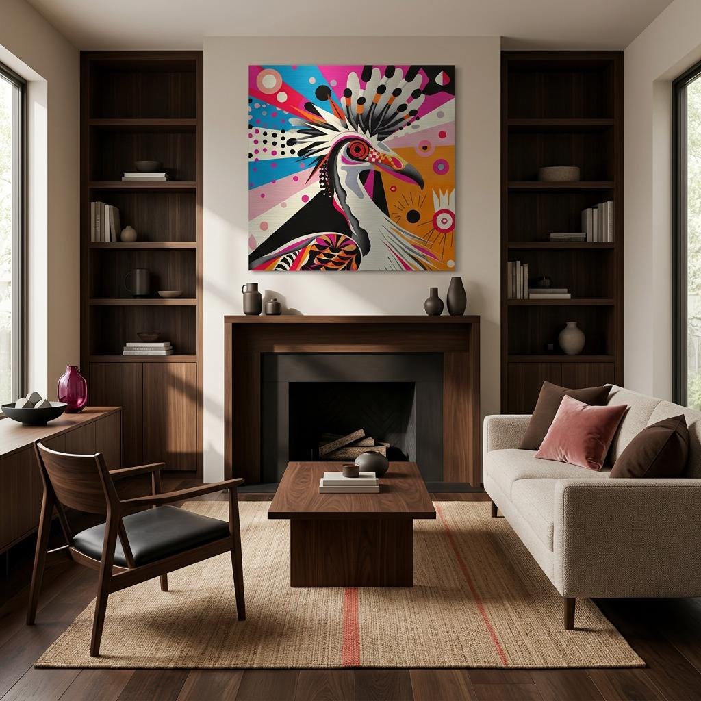 Serengeti Secretary Bird Aluminum Print | Afro-Pop Art | Wildlife Geometric Animal | Bold Neon Colors | Modern African Decor Gift