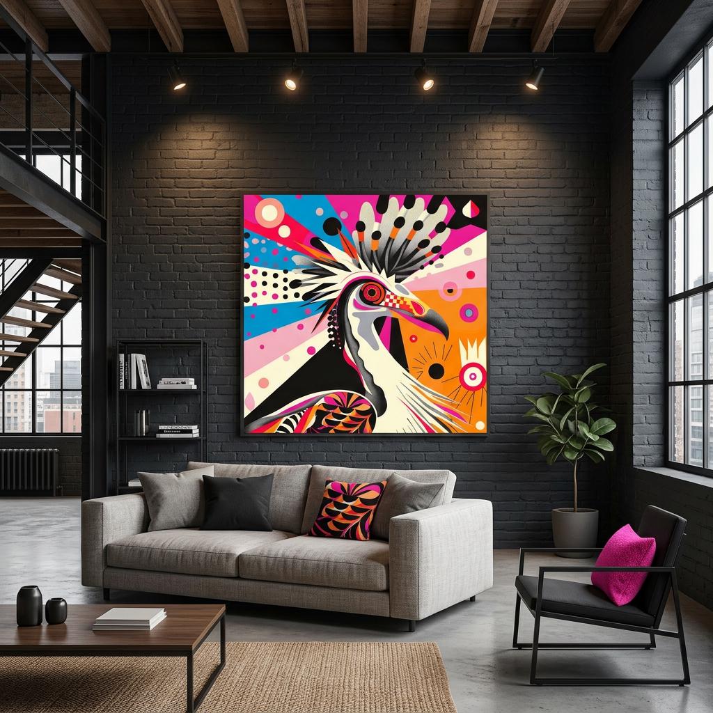 Serengeti Secretary Bird Aluminum Print | Afro-Pop Art | Wildlife Geometric Animal | Bold Neon Colors | Modern African Decor Gift