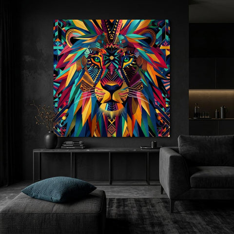 Serengeti Lion Afro-Pop Art Aluminum Print | Bold Neon Wildlife | Modern African Decor | Unique Geometric Animal Gift