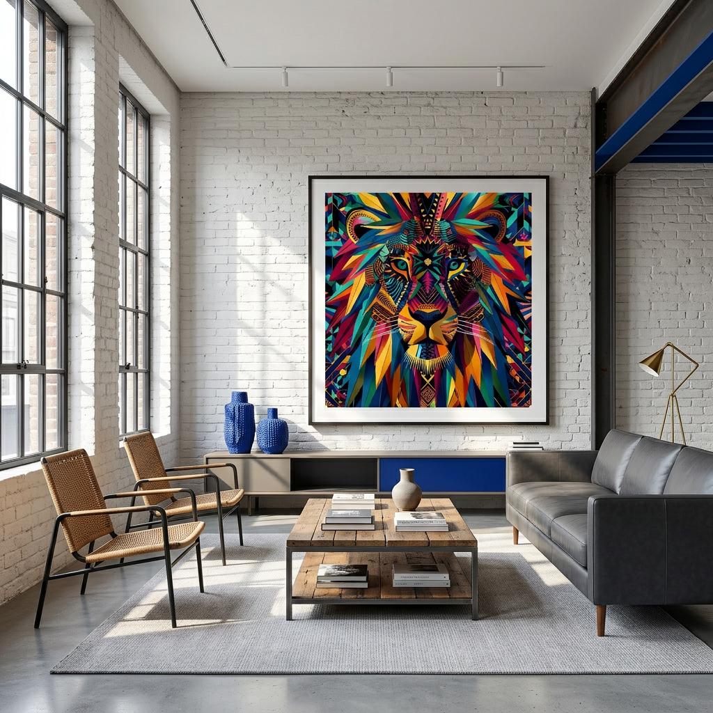 Serengeti Lion Afro-Pop Art Aluminum Print | Bold Neon Wildlife | Modern African Decor | Unique Geometric Animal Gift