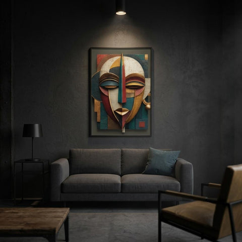 Ayo Rise Yoruba Mask Art Print – Modern African Wall Decor – Minimalist Joyful Home Artwork – Abstract Afro-Cubist Poster