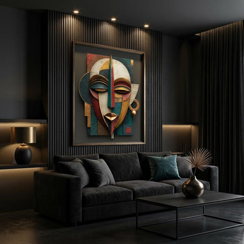 Ayo Rise Yoruba Mask Art Print – Modern African Wall Decor – Minimalist Joyful Home Artwork – Abstract Afro-Cubist Poster