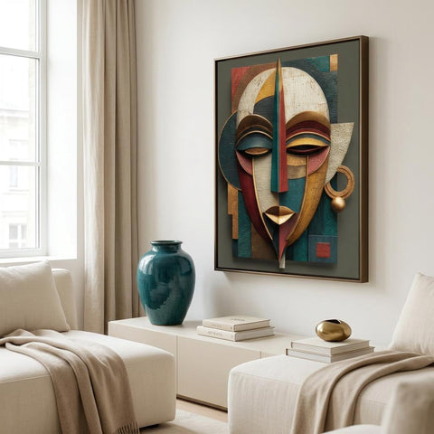 Ayo Rise Yoruba Mask Art Print – Modern African Wall Decor – Minimalist Joyful Home Artwork – Abstract Afro-Cubist Poster