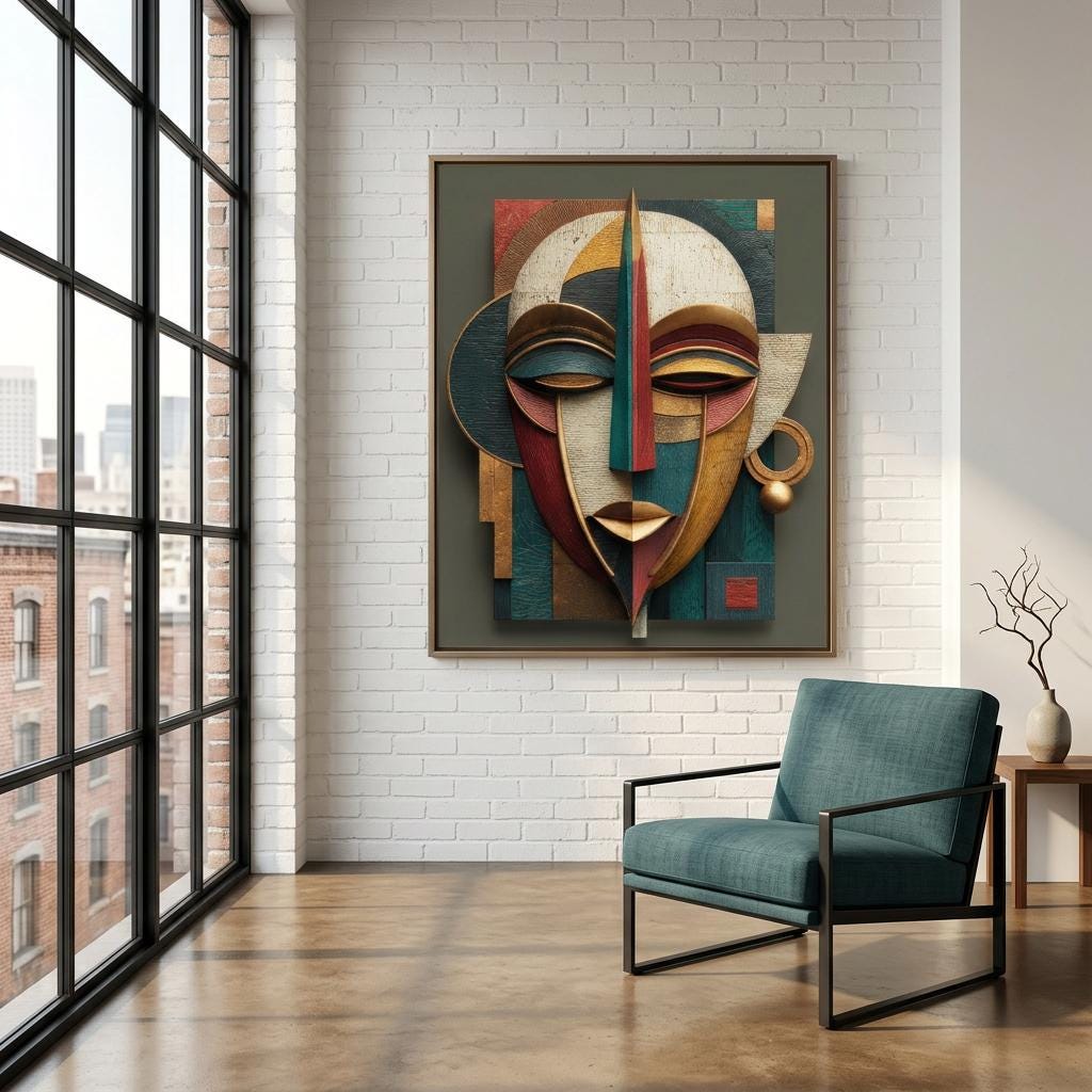 Ayo Rise Yoruba Mask Art Print – Modern African Wall Decor – Minimalist Joyful Home Artwork – Abstract Afro-Cubist Poster