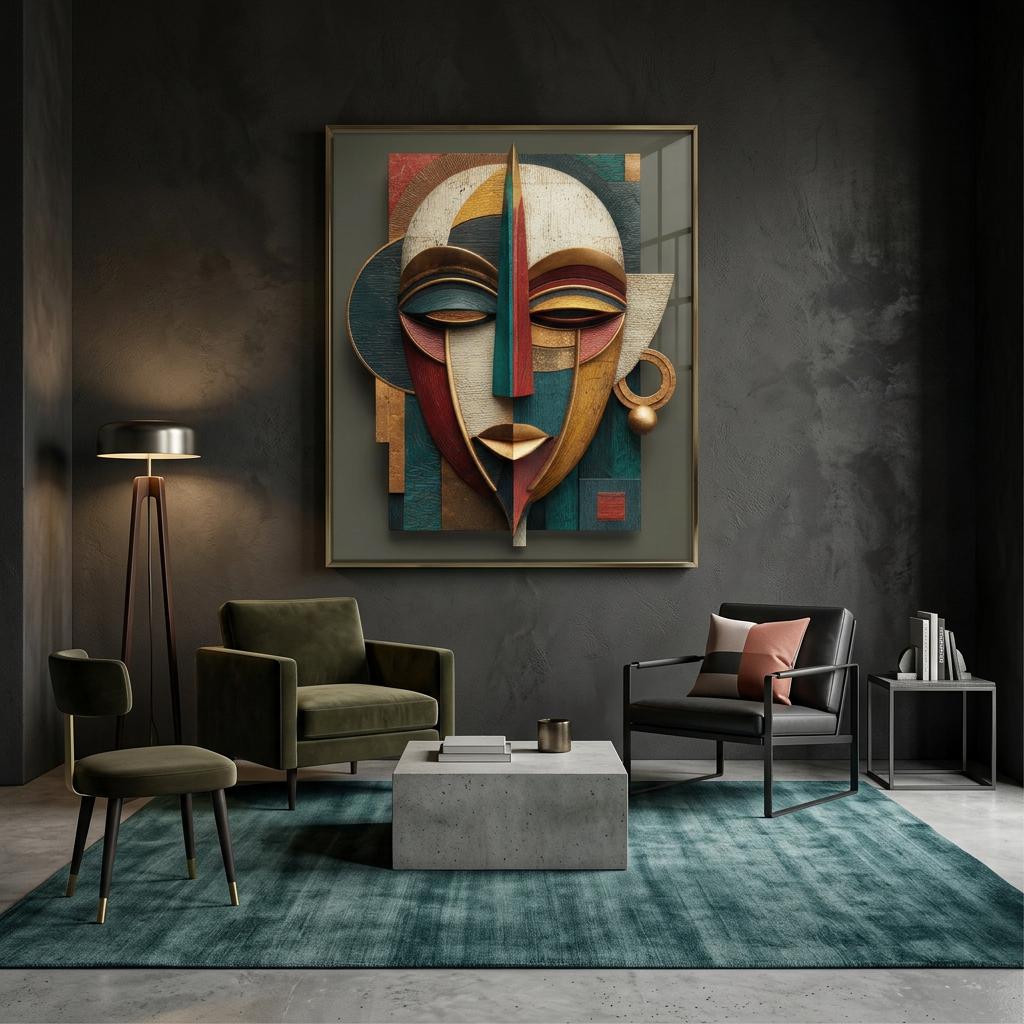 Ayo Rise Yoruba Mask Art Print – Modern African Wall Decor – Minimalist Joyful Home Artwork – Abstract Afro-Cubist Poster