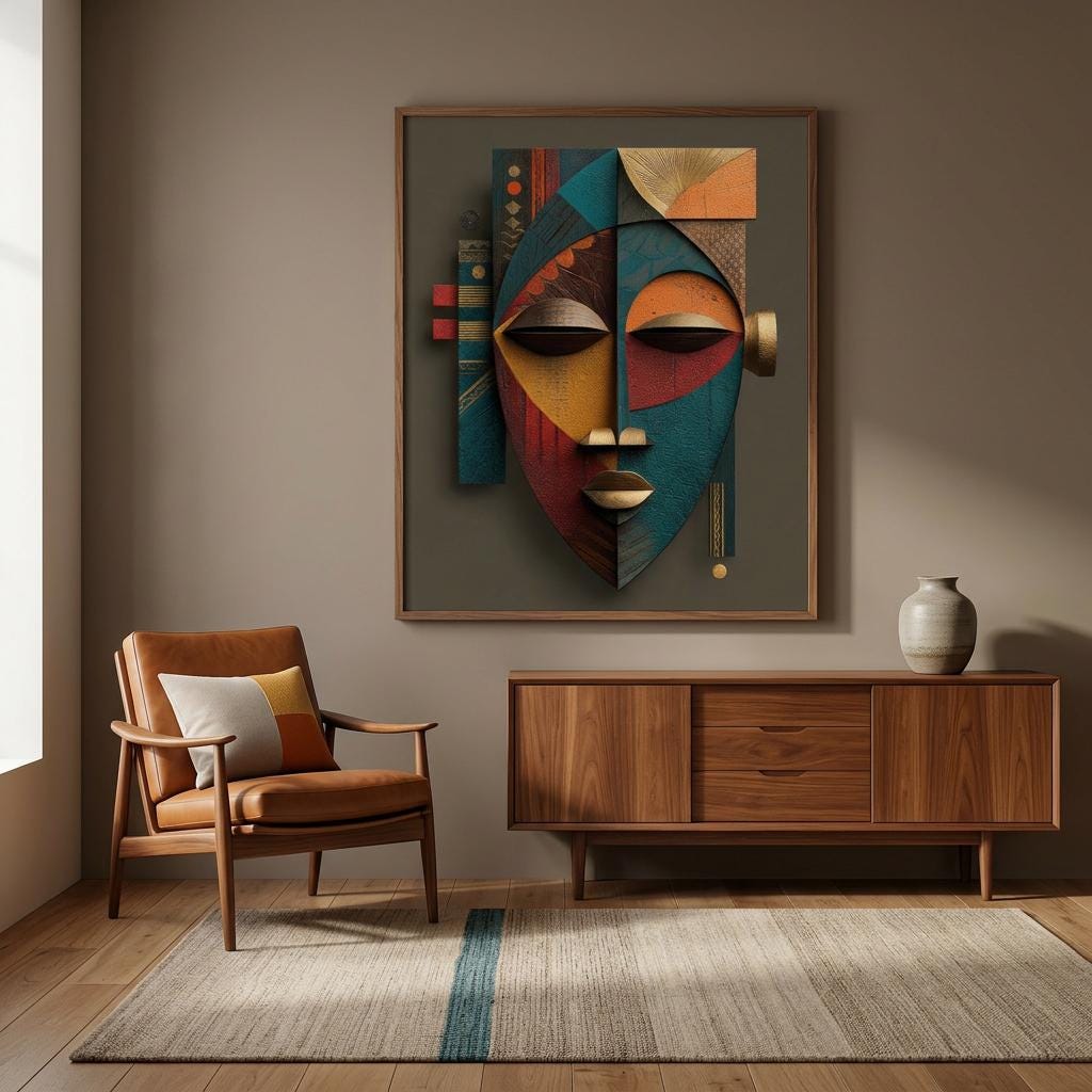 Etu Spirit Yoruba Mask Art Print | Modern Abstract African Wall Decor | Contemporary Spiritual Afro-Cubist Home Artwork | Cultural Wall Art