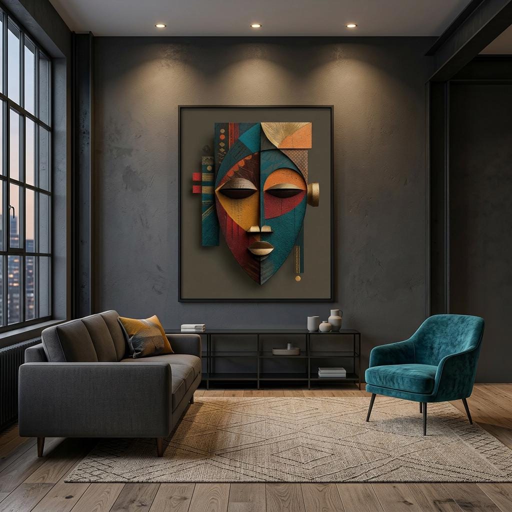 Etu Spirit Yoruba Mask Art Print | Modern Abstract African Wall Decor | Contemporary Spiritual Afro-Cubist Home Artwork | Cultural Wall Art