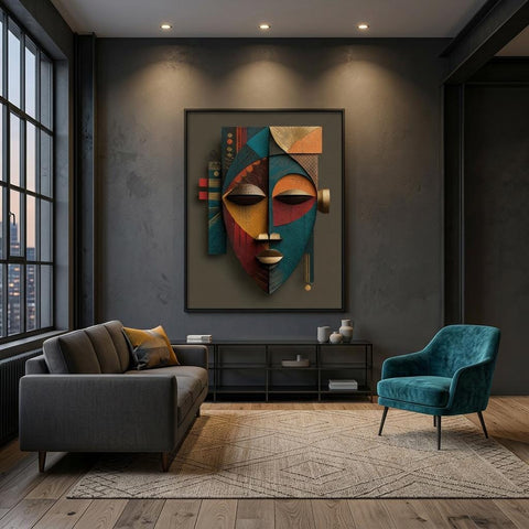 Etu Spirit Yoruba Mask Art Print | Modern Abstract African Wall Decor | Contemporary Spiritual Afro-Cubist Home Artwork | Cultural Wall Art