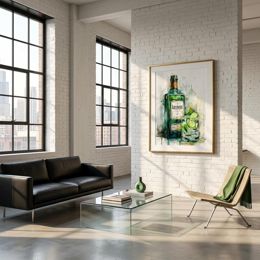 Absinthe Glow - A Spirited Collection Aluminum Art Print Modern Watercolor Vintage Bar Decor | Brushed Metal Wall Art Gift for Spirit Lovers