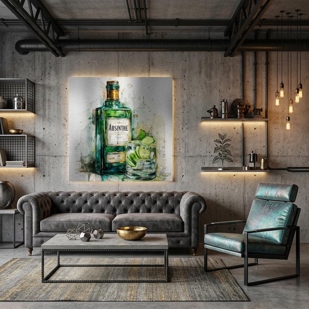 Absinthe Glow - A Spirited Collection Aluminum Art Print Modern Watercolor Vintage Bar Decor | Brushed Metal Wall Art Gift for Spirit Lovers