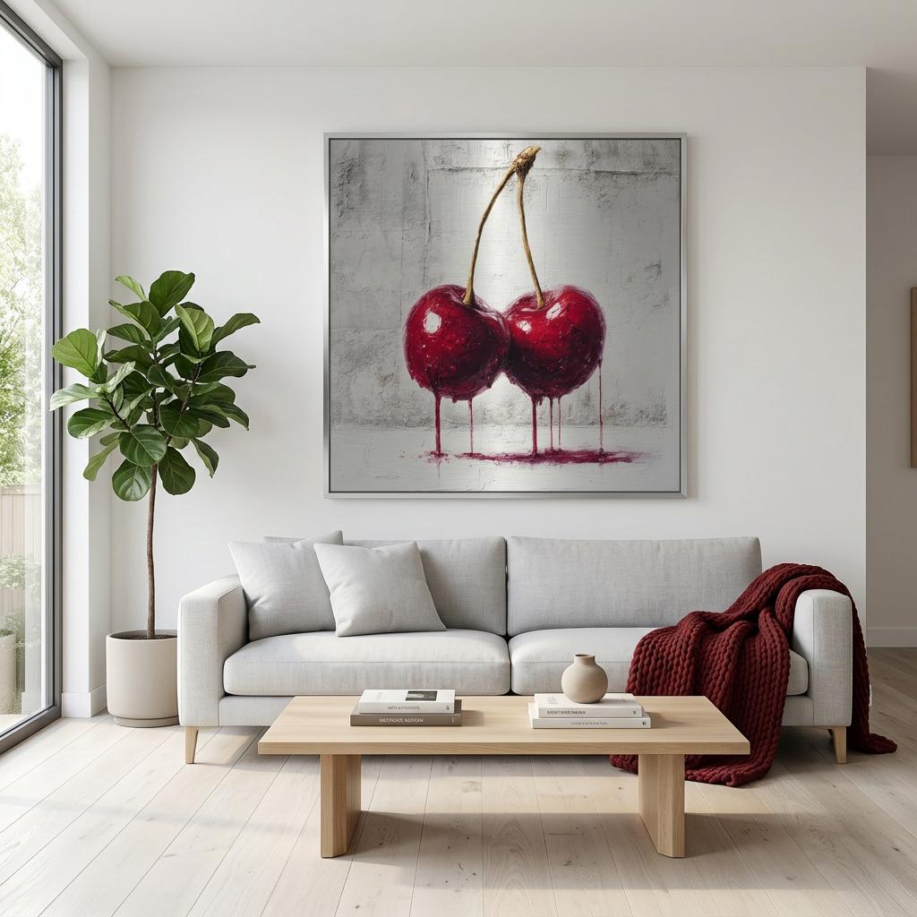 Industrial Orchard: Red Cherry Drip Art on Aluminum | Modern Fruit Art | Brushed Silver Metal Wall Decor | Contemporary Kitchen Art