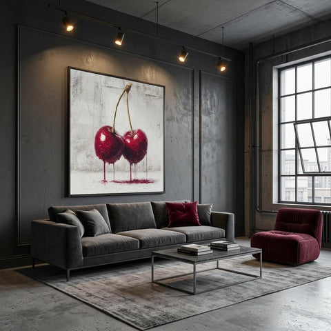 Industrial Orchard: Red Cherry Drip Art on Aluminum | Modern Fruit Art | Brushed Silver Metal Wall Decor | Contemporary Kitchen Art
