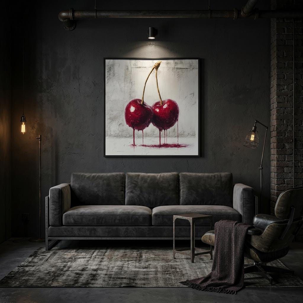 Industrial Orchard: Red Cherry Drip Art on Aluminum | Modern Fruit Art | Brushed Silver Metal Wall Decor | Contemporary Kitchen Art