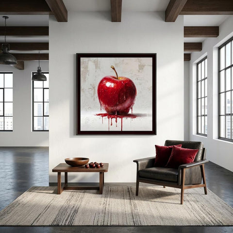 Industrial Orchard: Red Apple Drip on Brushed Aluminum Print - Bold Statement Art for Kitchens & Lofts | Gallery-Ready Wall Decor