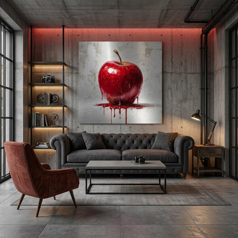 Industrial Orchard: Red Apple Drip on Brushed Aluminum Print - Bold Statement Art for Kitchens & Lofts | Gallery-Ready Wall Decor