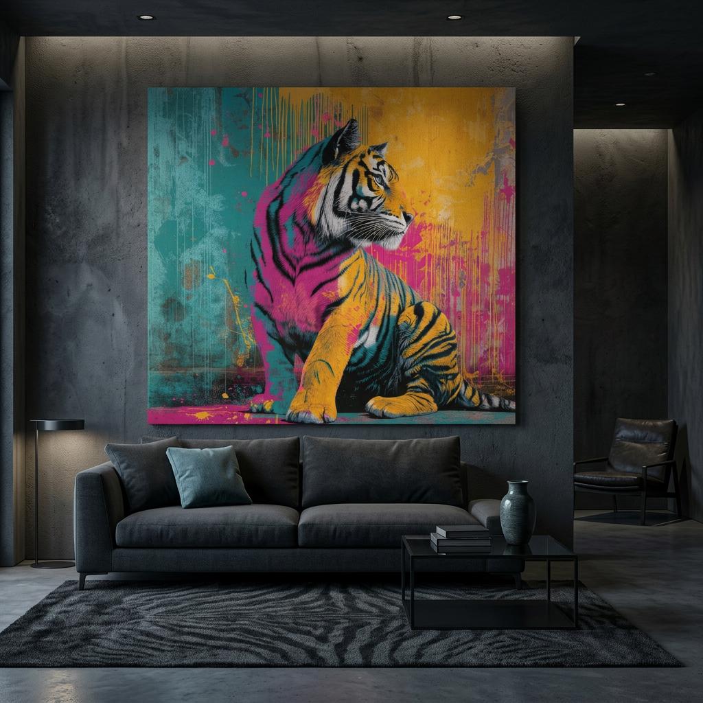 Poised — Neon Graffiti Tiger on Brushed Aluminum | Vibrant Graffiti Tiger Art | Industrial Chic Home Decor