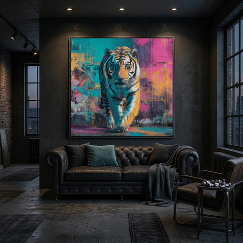 Advancing — Neon Graffiti Tiger on Brushed Aluminum | Brushed Metal Wall Art | Modern Home Decor
