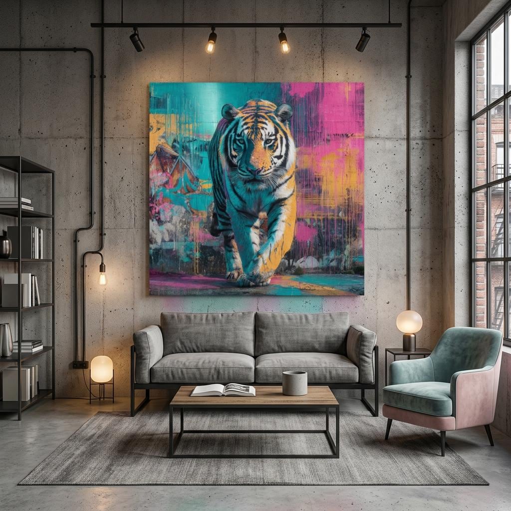 Advancing — Neon Graffiti Tiger on Brushed Aluminum | Brushed Metal Wall Art | Modern Home Decor