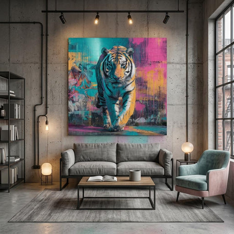 Advancing — Neon Graffiti Tiger on Brushed Aluminum | Brushed Metal Wall Art | Modern Home Decor