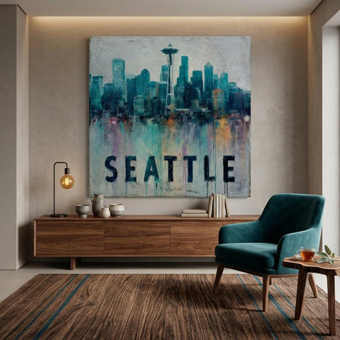 Seattle Aluminum Print | Moody Pacific Northwest Cityscape Art | Urban Pulse Collection Textured Industrial Wall Decor | Modern Home Art
