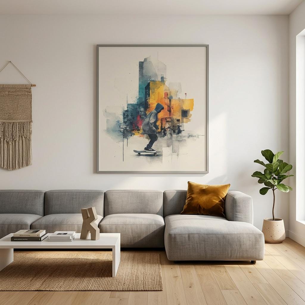 Drift Skateboarder Brushed Aluminum Print - Watercolor Urban Art, Street Culture Decor, Modern Art Gift