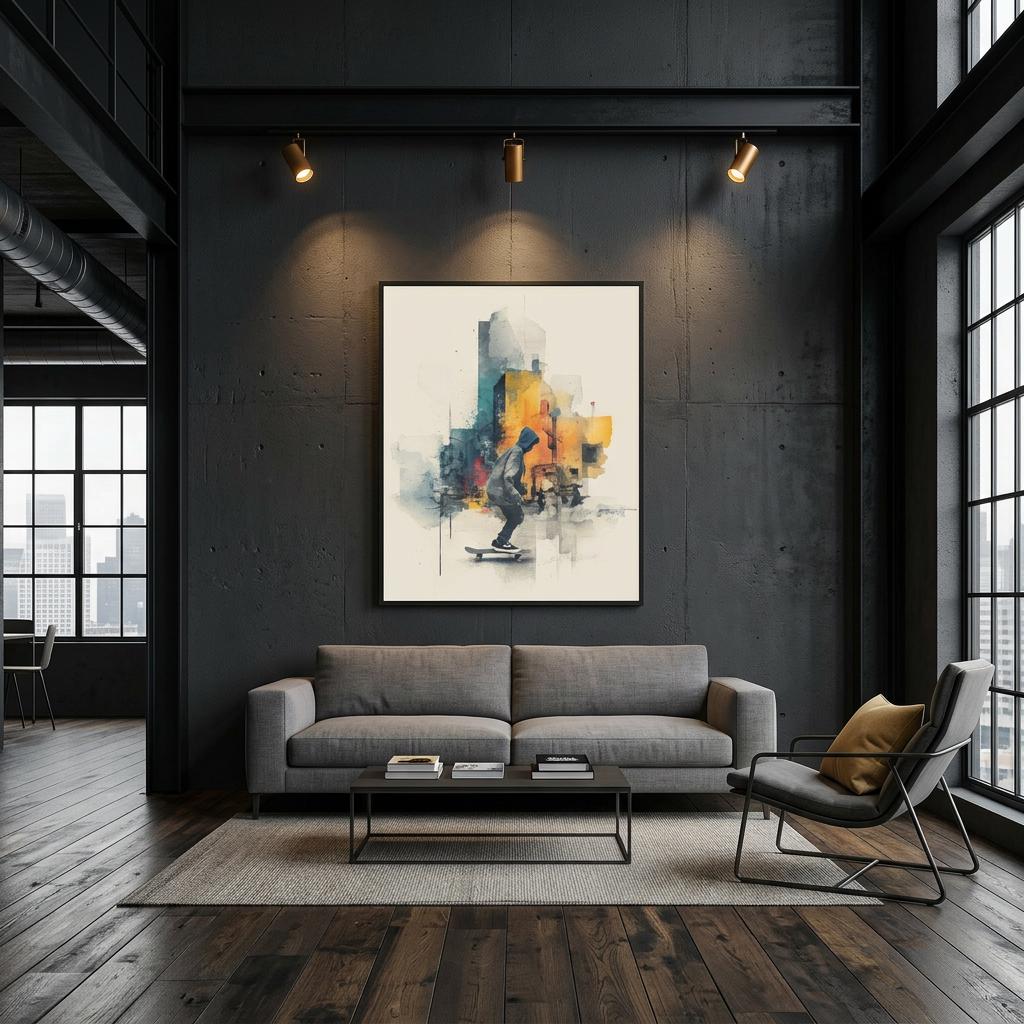 Drift Skateboarder Brushed Aluminum Print - Watercolor Urban Art, Street Culture Decor, Modern Art Gift