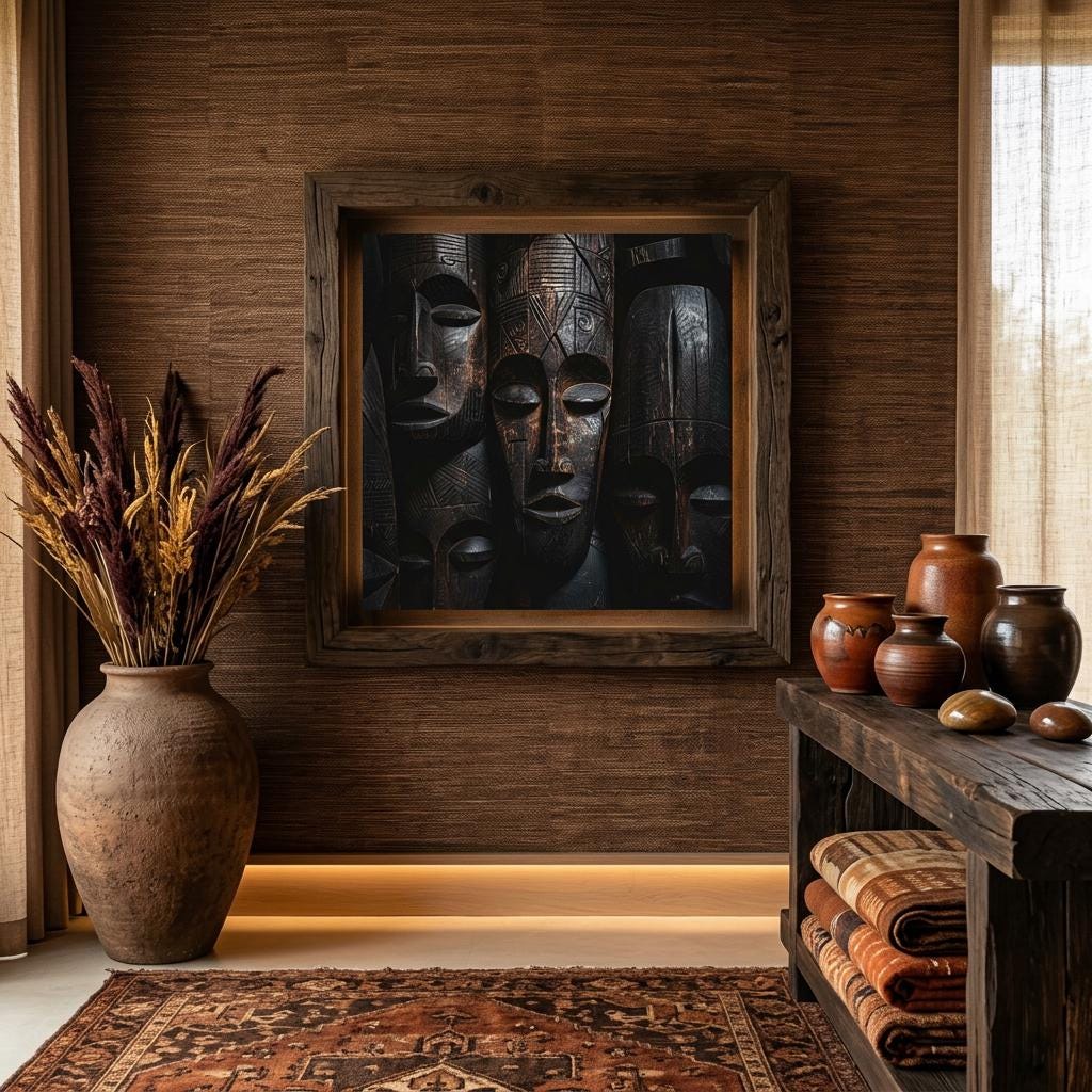 Carved Wooden Masks Aluminum Print | Textured Cultural Art | Global Art Collection Vibe | Modern Home Decor Gift
