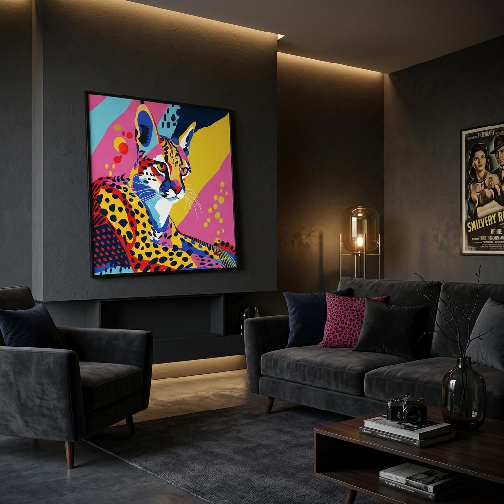 Serengeti Serval Afro-Pop Art Aluminum Print | Neon Wildlife Geometric Animal | Modern African Decor Gift | Unique Wall Art