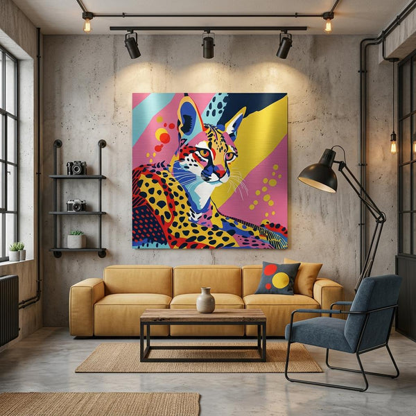 Serengeti Serval Afro-Pop Art Aluminum Print | Neon Wildlife Geometric Animal | Modern African Decor Gift | Unique Wall Art