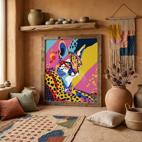 Serengeti Serval Afro-Pop Art Aluminum Print | Neon Wildlife Geometric Animal | Modern African Decor Gift | Unique Wall Art