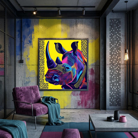 Serengeti Black Rhino Afro-Pop Art Aluminum Print | Bold Neon Wildlife | Modern African Decor Gift | Unique Metallic Wall Art