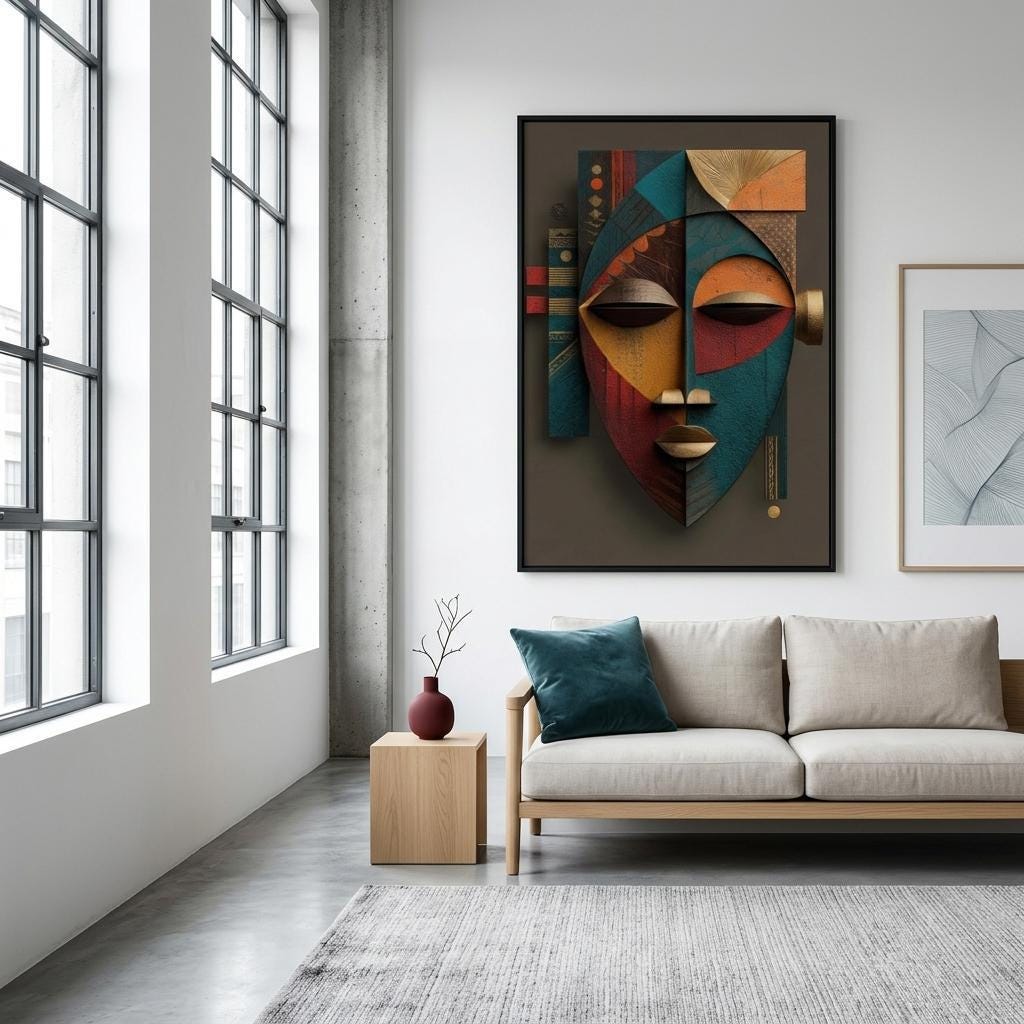 Etu Spirit Yoruba Mask Art Print | Modern Abstract African Wall Decor | Contemporary Spiritual Afro-Cubist Home Artwork | Cultural Wall Art
