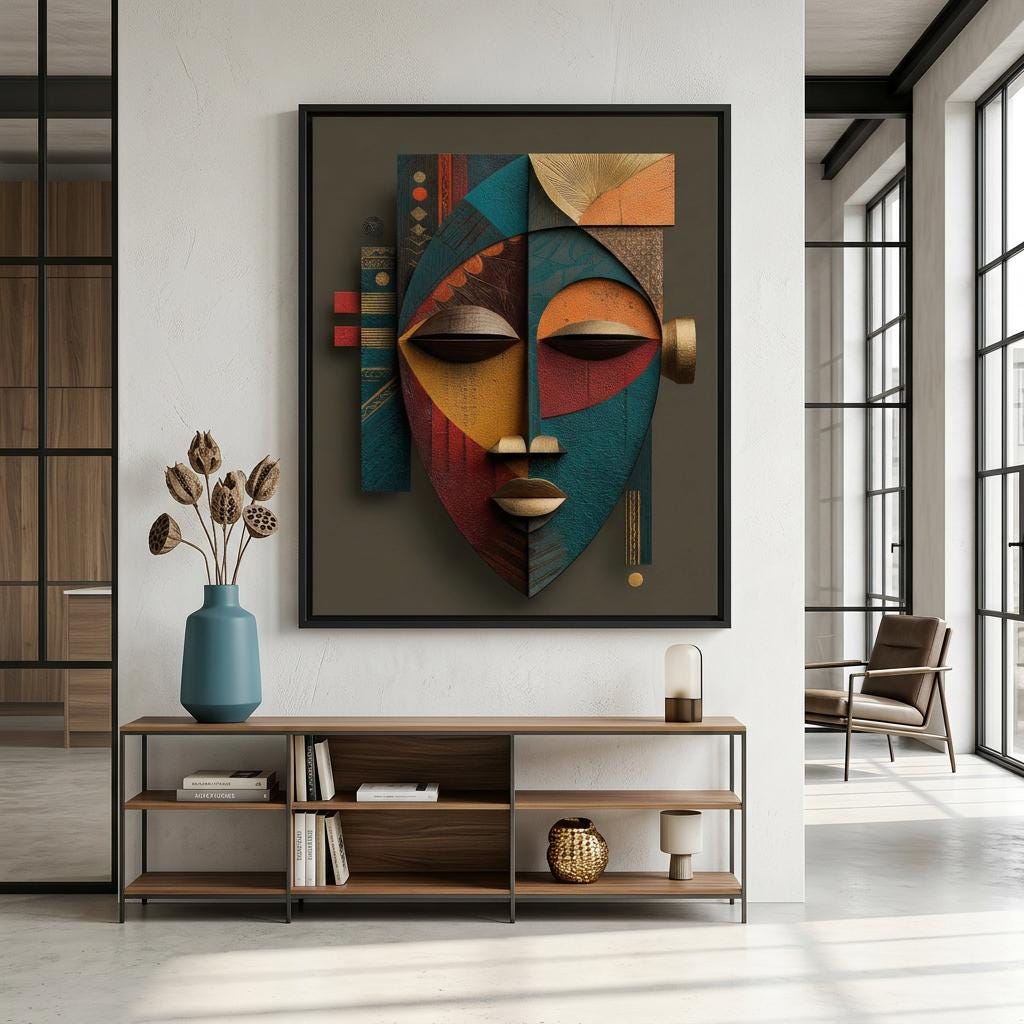 Etu Spirit Yoruba Mask Art Print | Modern Abstract African Wall Decor | Contemporary Spiritual Afro-Cubist Home Artwork | Cultural Wall Art